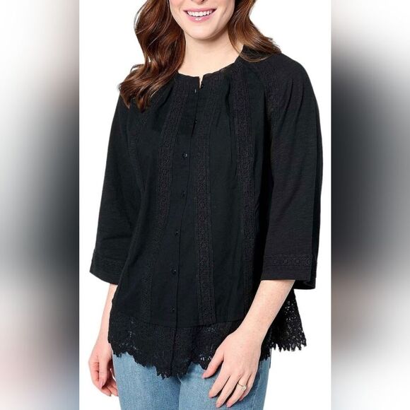 NWT Logo Lavish Black Woven & Lace Button Down Top (M) - Picture 1 of 6